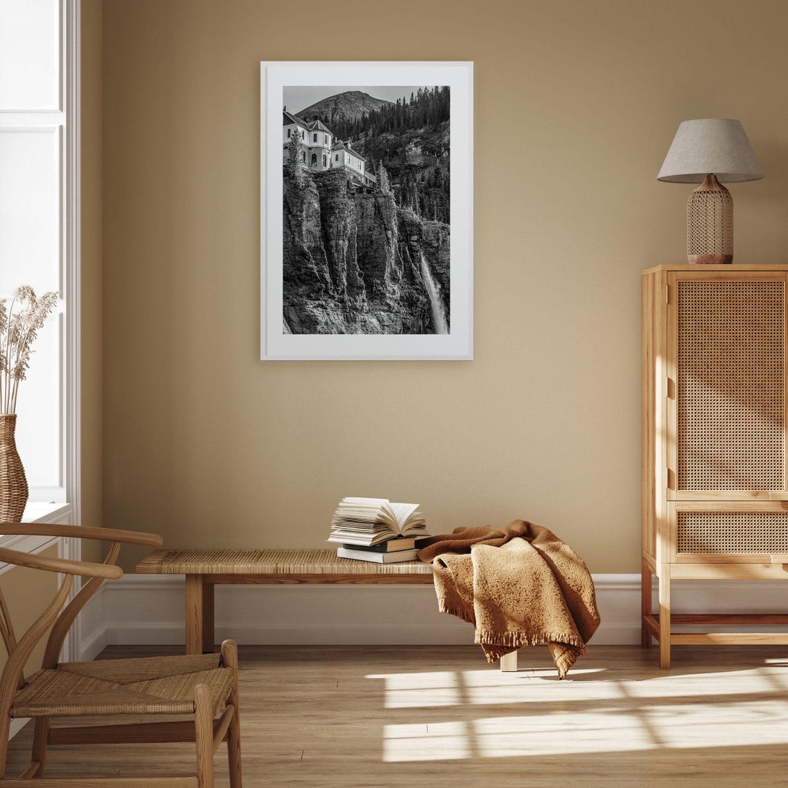 Cliffside Building Over Waterfall Black and White Mountain Poster - Image 3