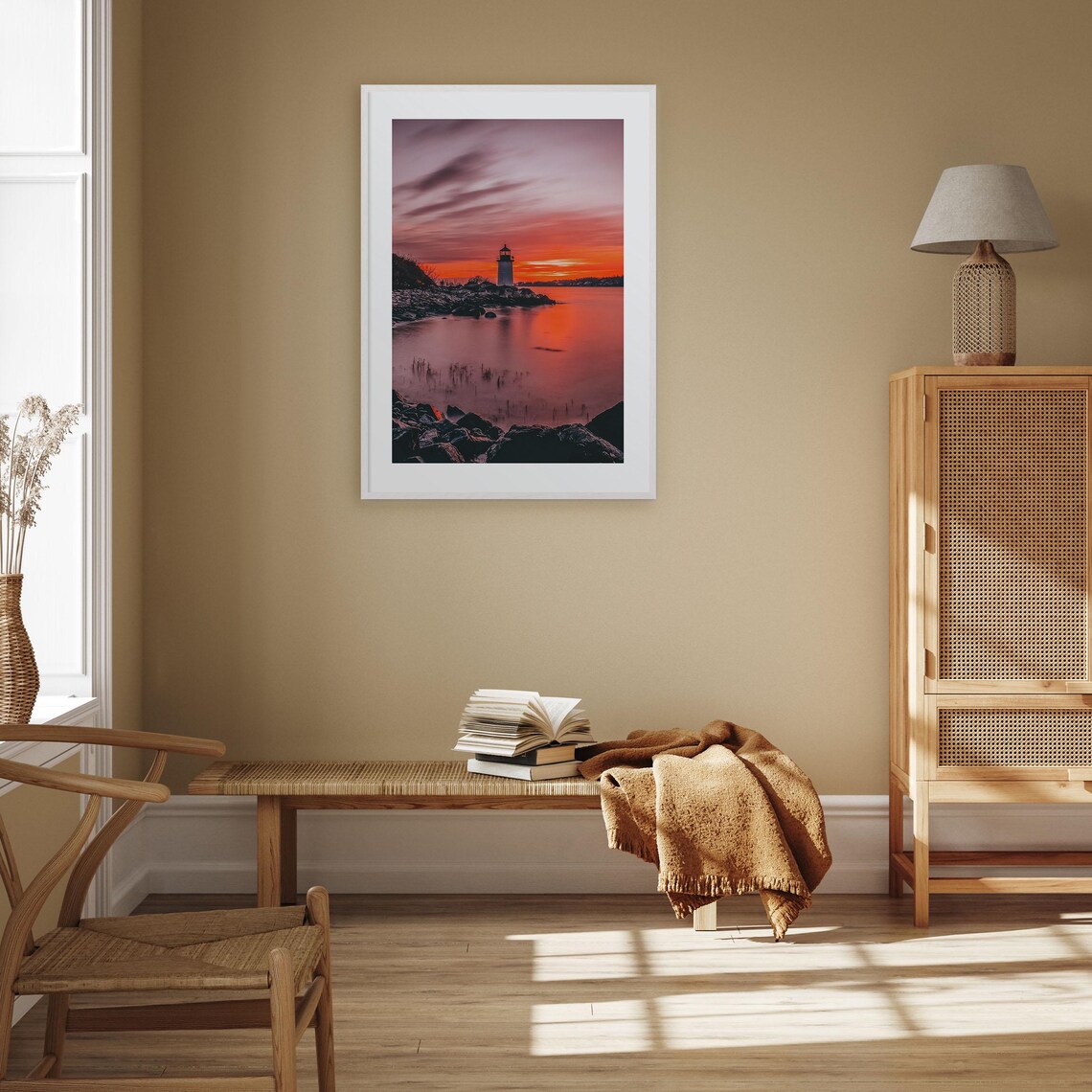 Massachusetts Lighthouse at Sunset Pink Sky Rocky Shore Photo Poster - Image 3