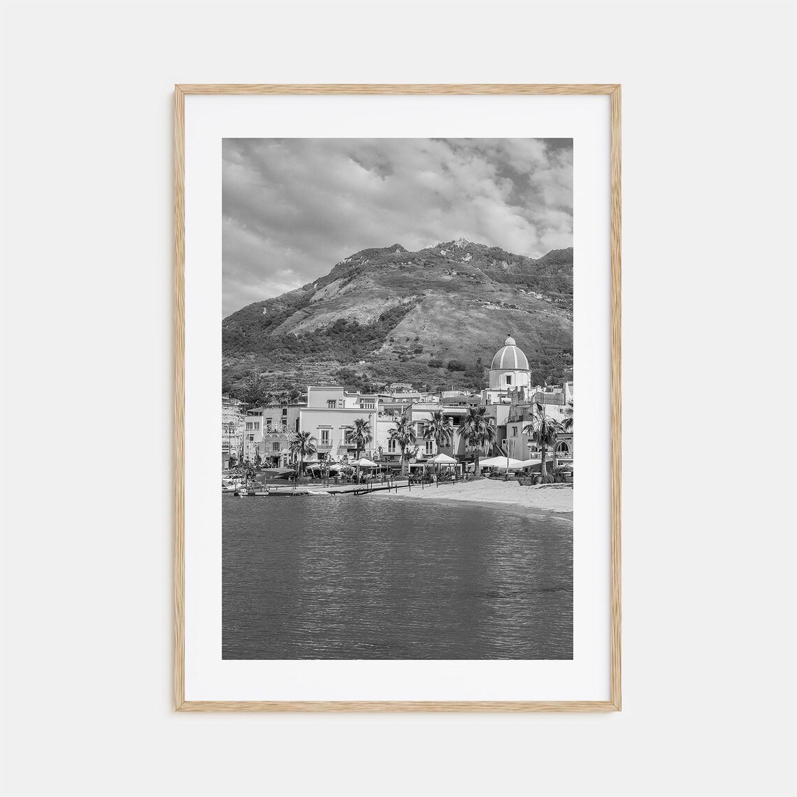 Ischia Italy Beach Town Domed Church Mountain Black and White Poster