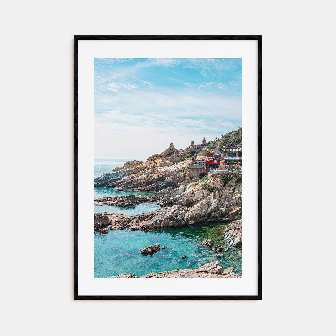 South Korea Coastal Temple Rocky Shore Blue Sea Travel Poster