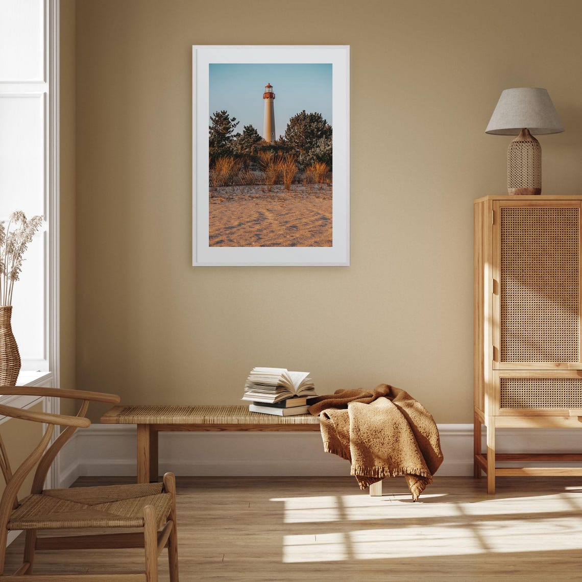 Cape May Lighthouse Over Beach Dunes at Golden Hour Sunset Poster - Image 3