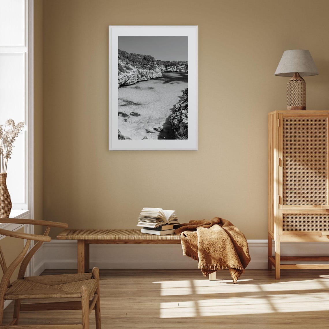 Rocky Cove With Clear Shallow Water Black and White Coast Poster - Image 3