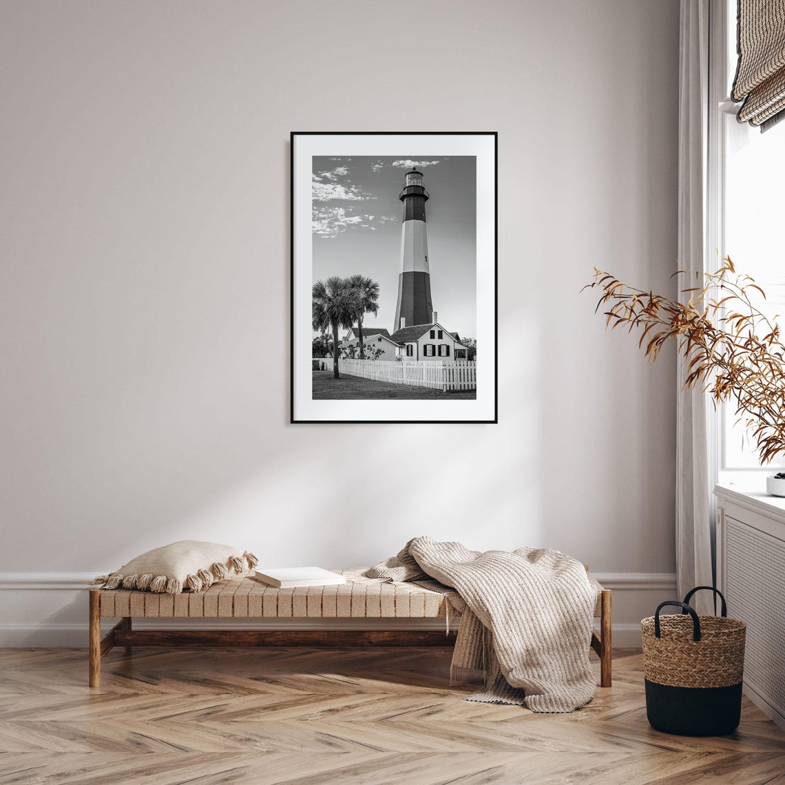 Tybee Island Striped Lighthouse Palm Trees Black And White Poster - Image 2