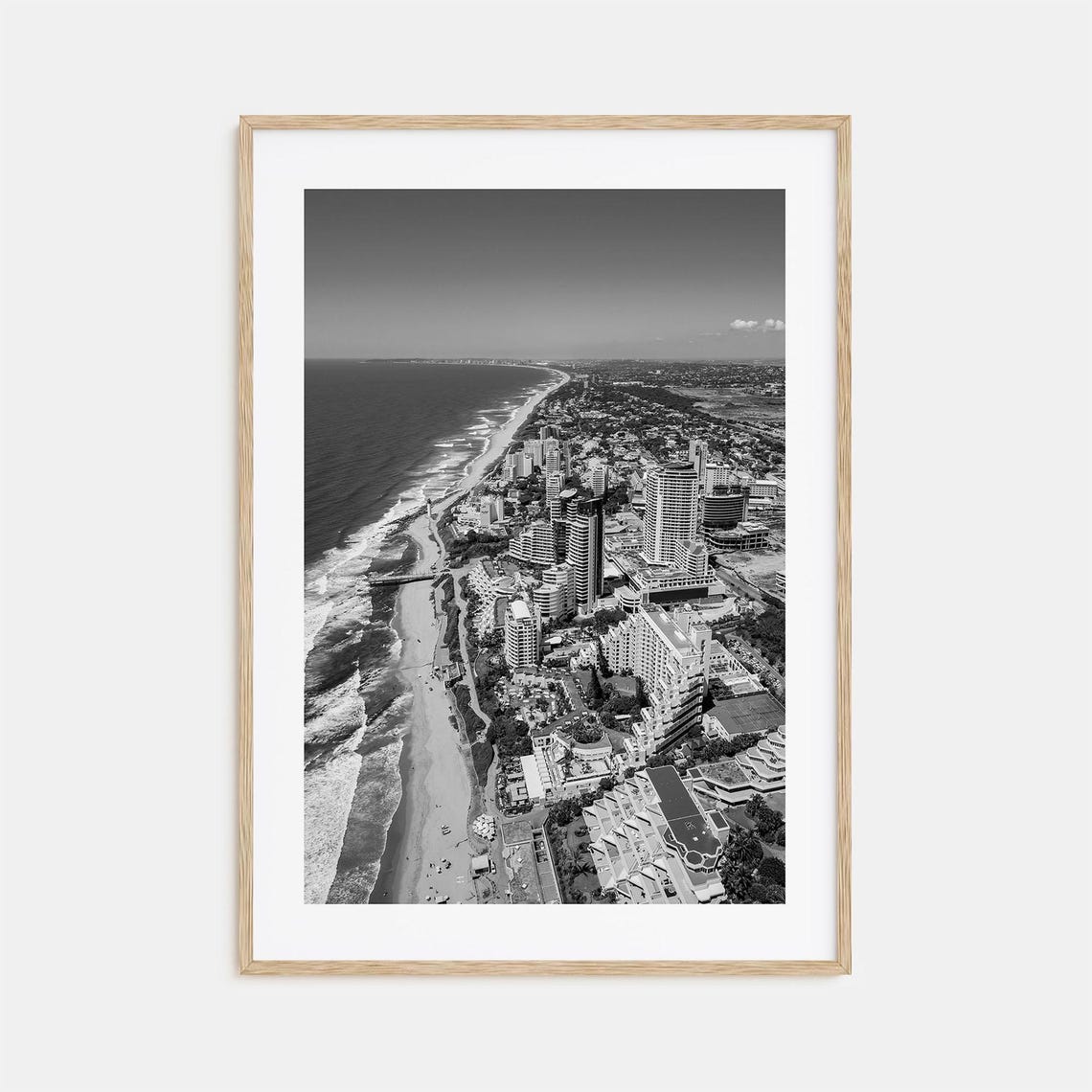 Aerial Beachfront City Skyline View Black and White Coast Poster