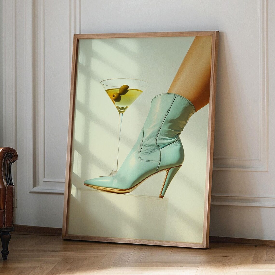 Mint Green Cowboy Boot And Martini Glass Cocktail Bar Cart Poster