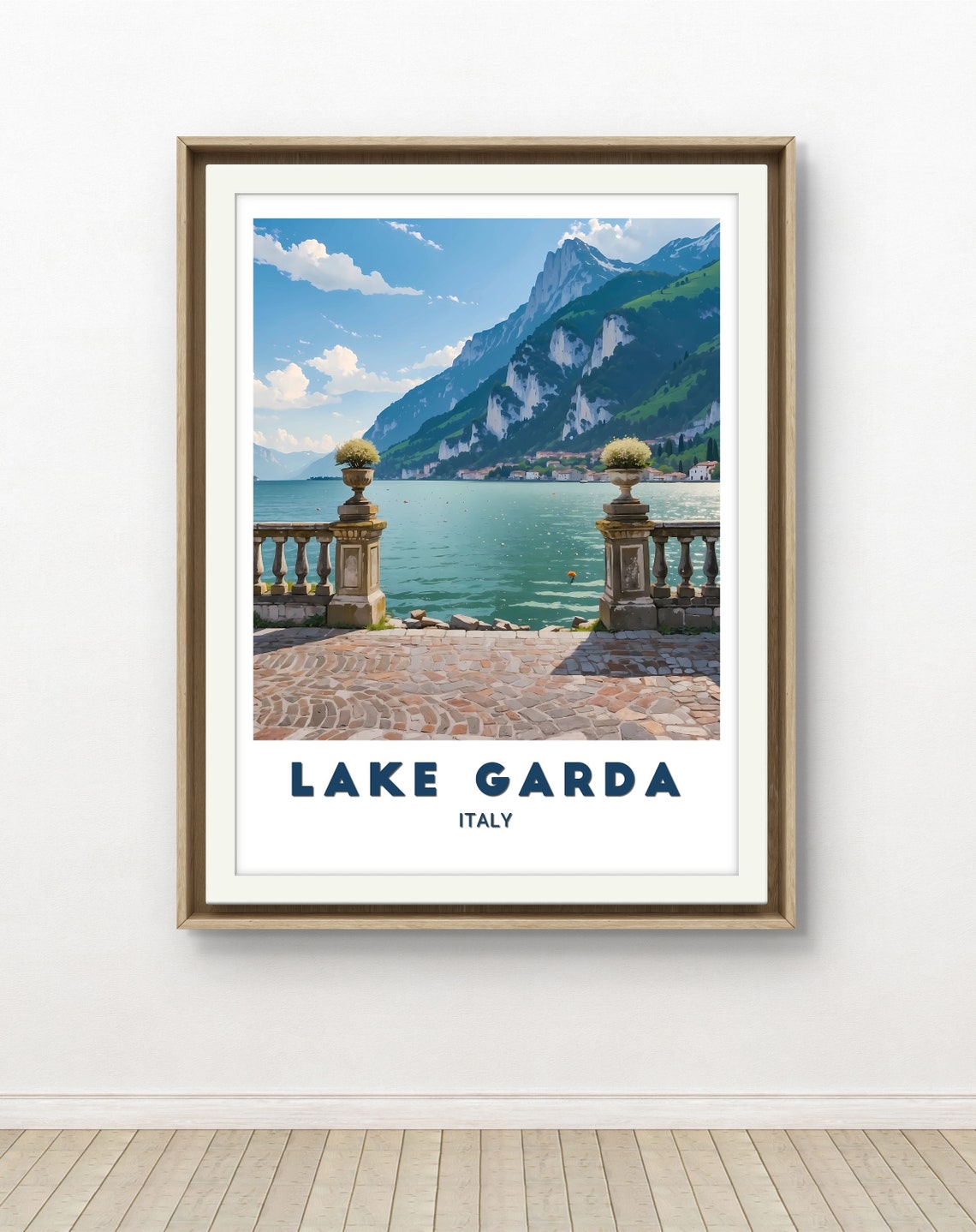 Lake Garda Italy Stone Terrace Flower Pots Mountain View Poster - Image 2