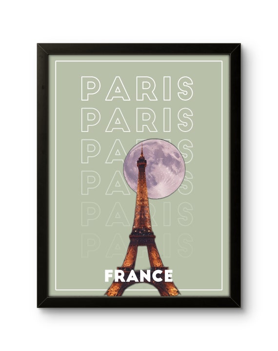 Elegant Green Paris Poster Eiffel Tower And Full Moon Art Print For Home And Office Decor