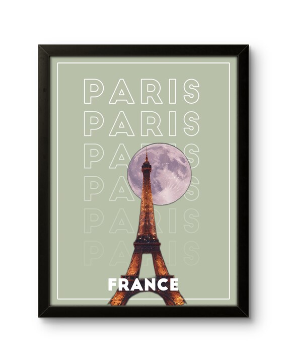 Paris France Eiffel Tower Full Moon Night Sky Typography Poster