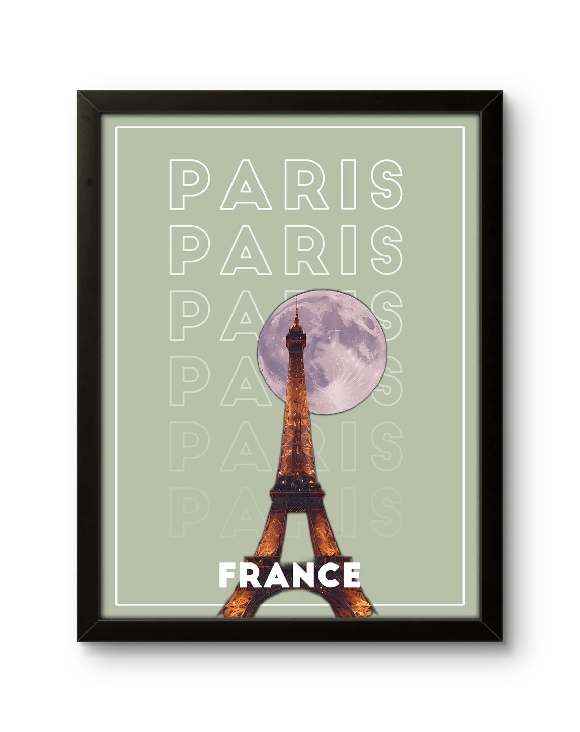 Paris France Eiffel Tower Full Moon Night Sky Typography Poster