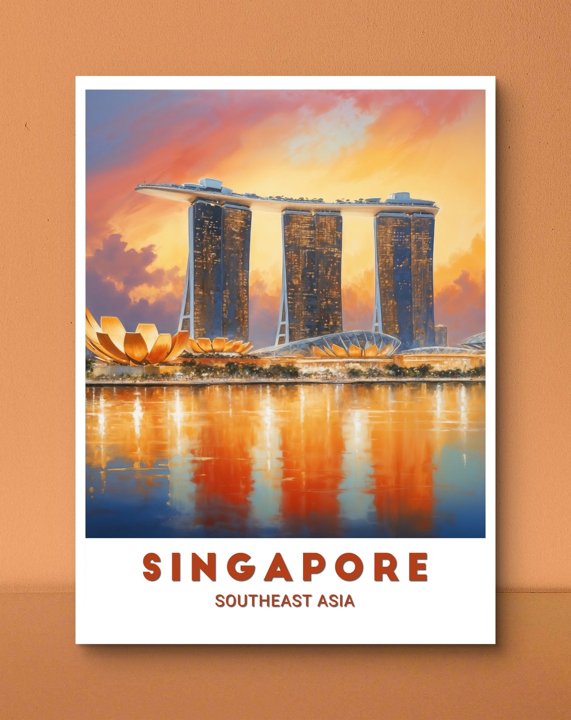 Singapore Marina Bay Sands Sunset Watercolor Skyline View Poster
