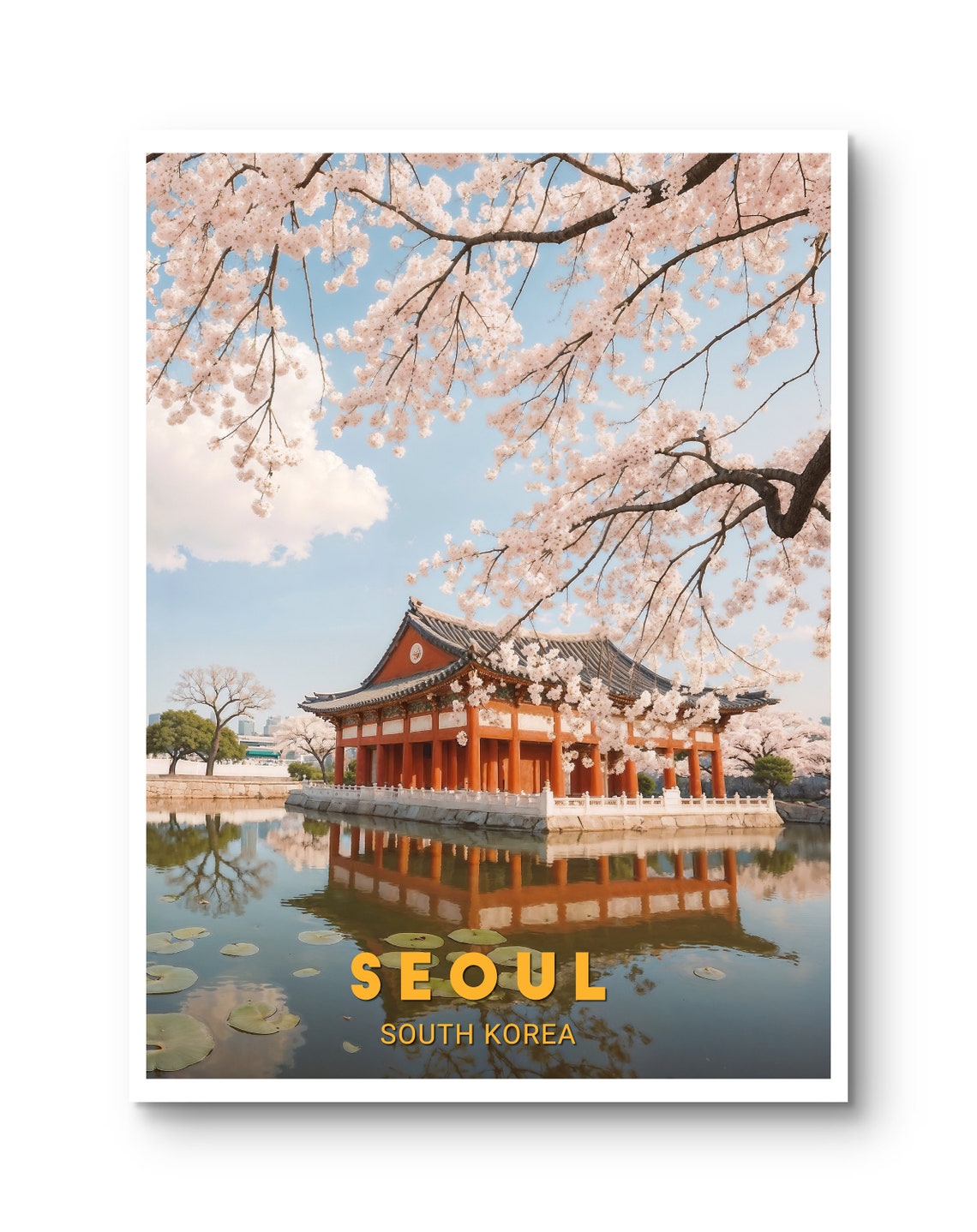 Seoul South Korea Spring Cherry Blossom Palace Pond Travel Poster - Image 3