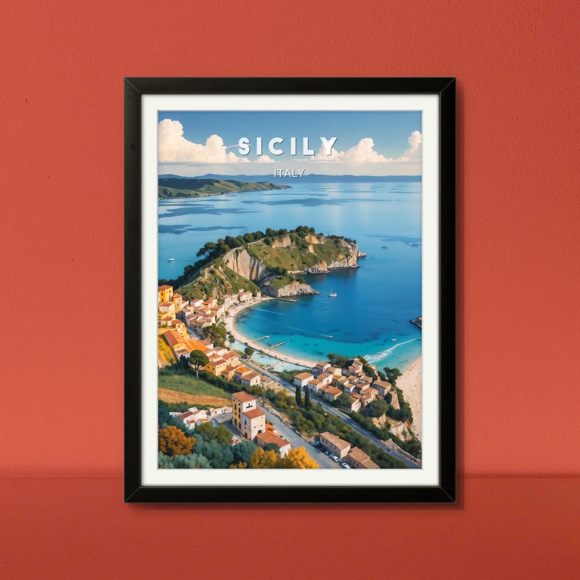 Sicily Italy Cliffside Town Aerial Bay Turquoise Water Poster - Image 2