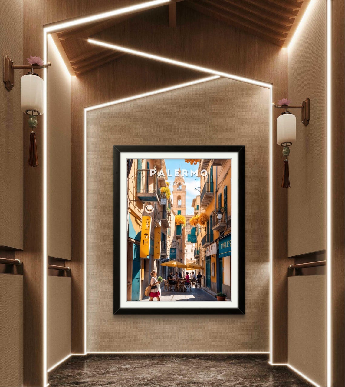 Palermo Italy Sunny Old Street Cafes Church Tower Sicily Poster - Image 2