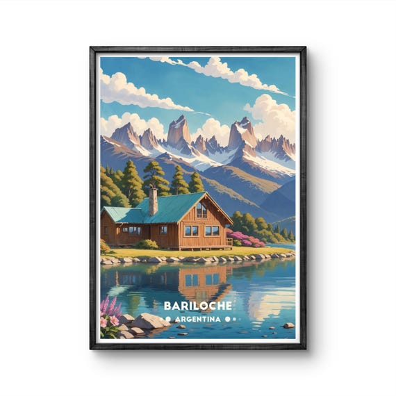 Bariloche Argentina Vintage Poster Scenic Mountain Cabin By The Lake For Nature And Rustic Wall Art Enthusiasts