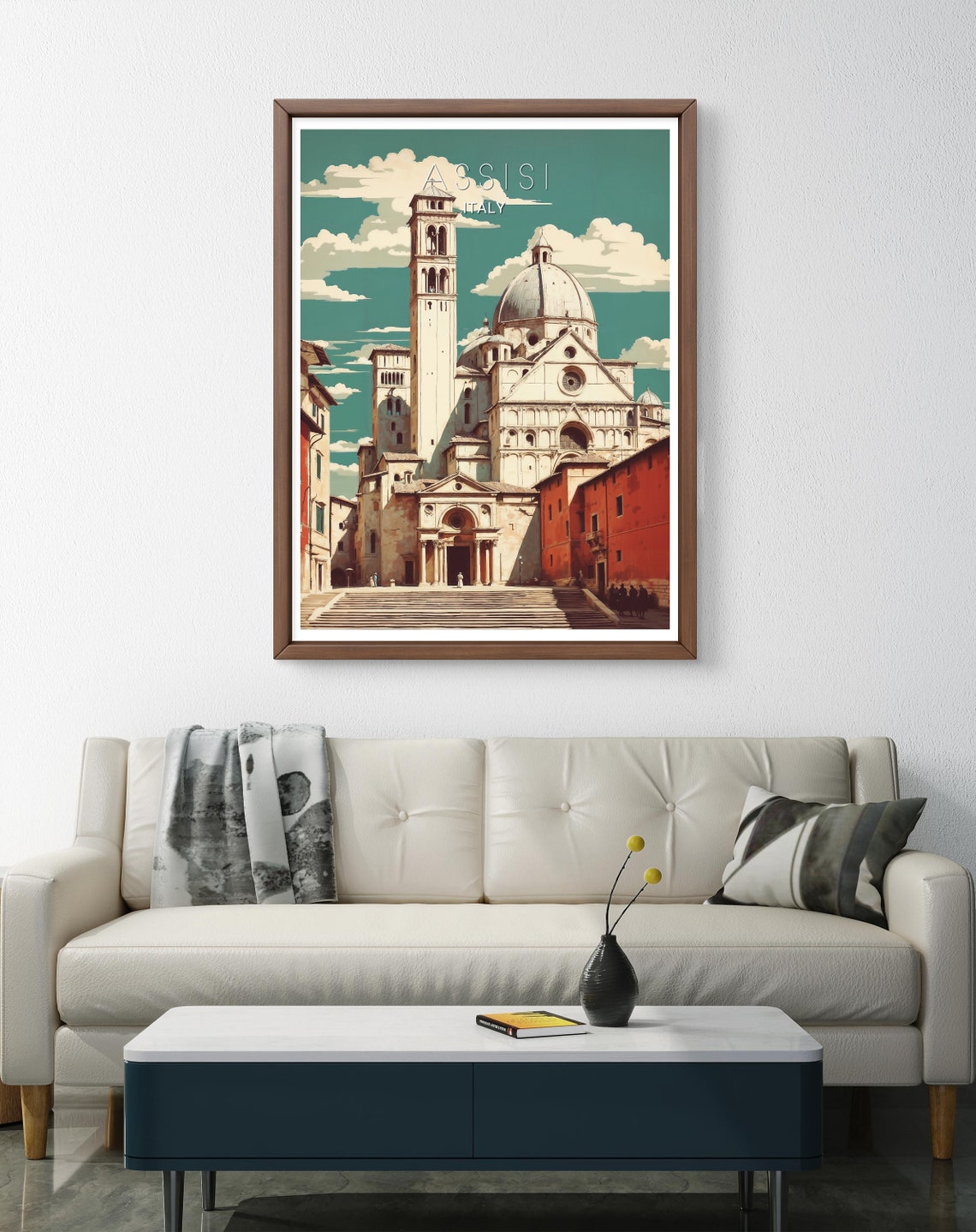 Assisi Italy Historic Basilica Vintage Travel Poster With Clouds - Image 2