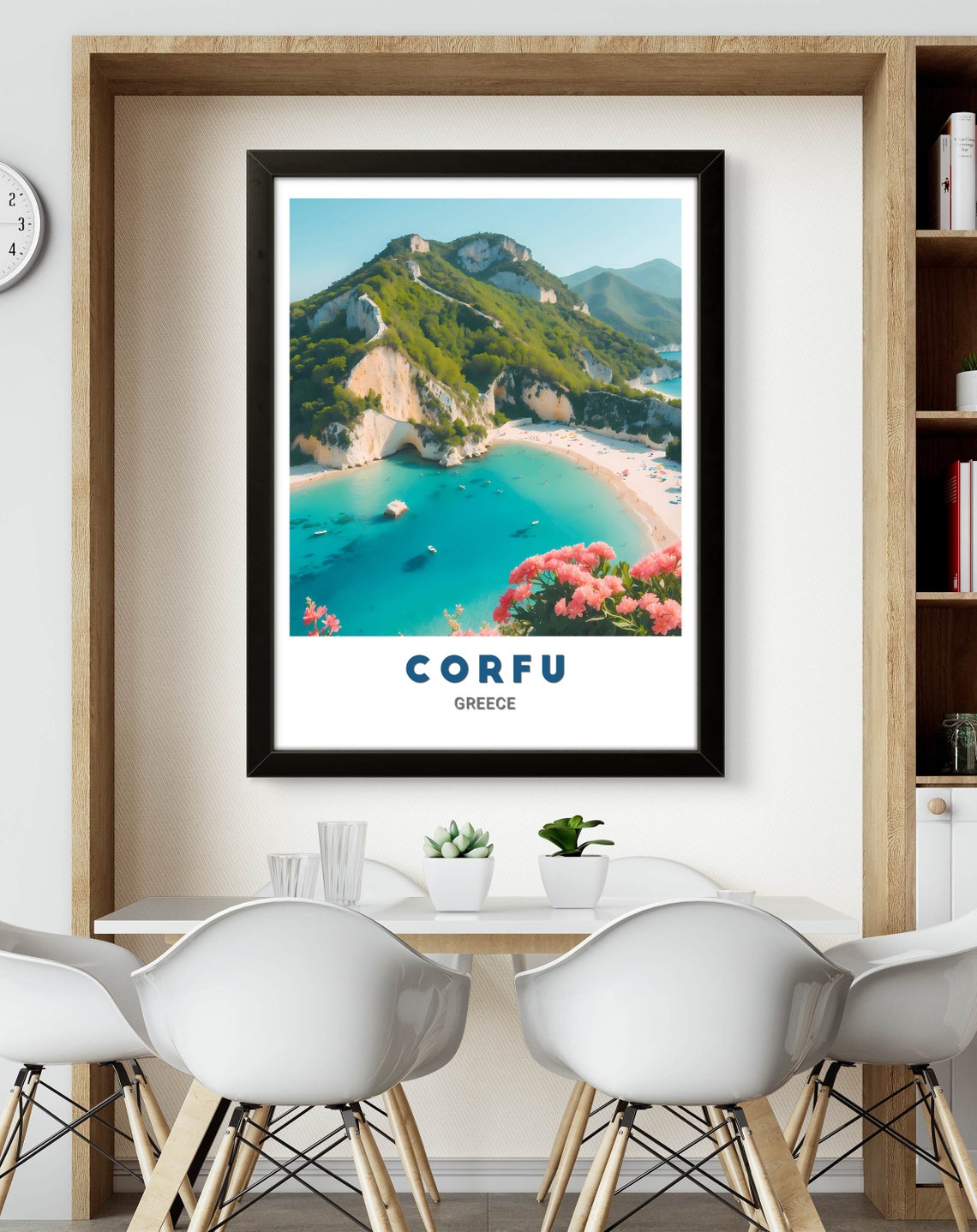 Corfu Turquoise Bay Cliffs White Beach Flowers Greece Poster - Image 2