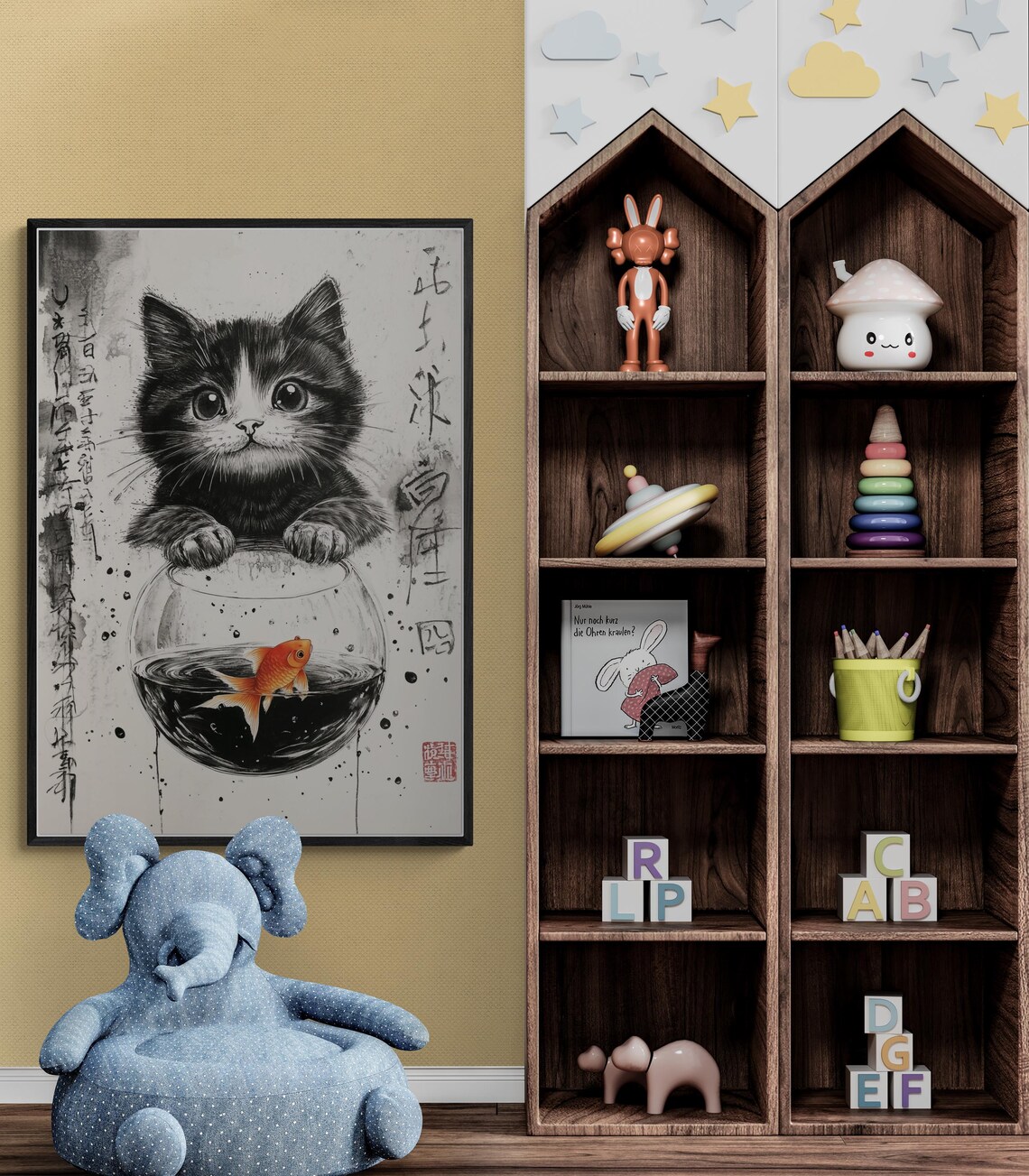 Kitten With Goldfish Bowl Japanese Ink Wash Cute Feline Poster - Image 4