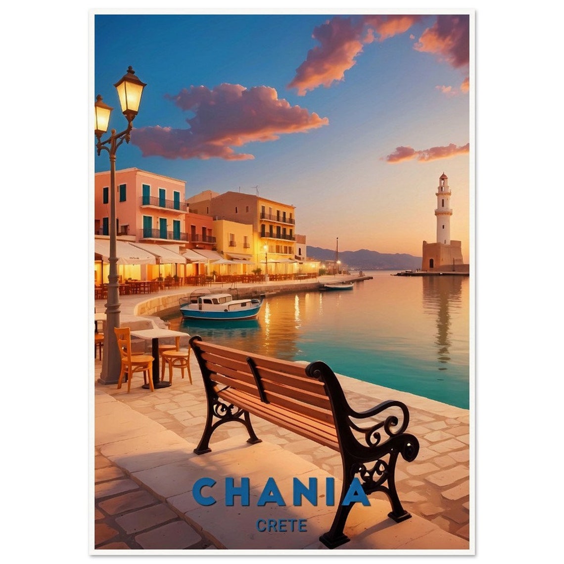 Chania Crete Harbor Sunset Lighthouse Promenade Travel Poster