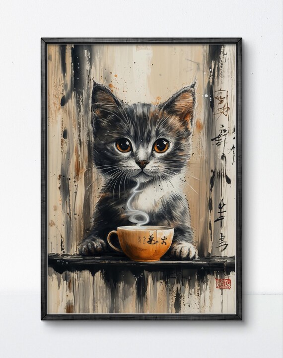 Kitten Drinking Tea Japanese Ink Wash Art Adorable Cat Poster