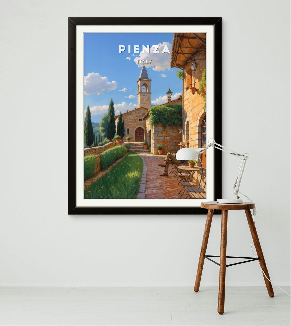 Pienza Italy Stone Courtyard Man Reading Tuscan Alley Poster - Image 2