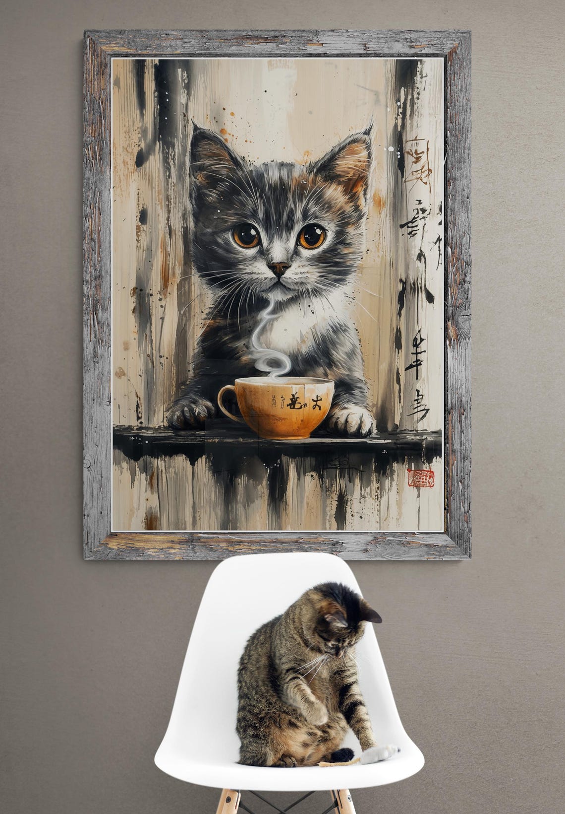 Kitten Drinking Tea Japanese Ink Wash Art Adorable Cat Poster - Image 2
