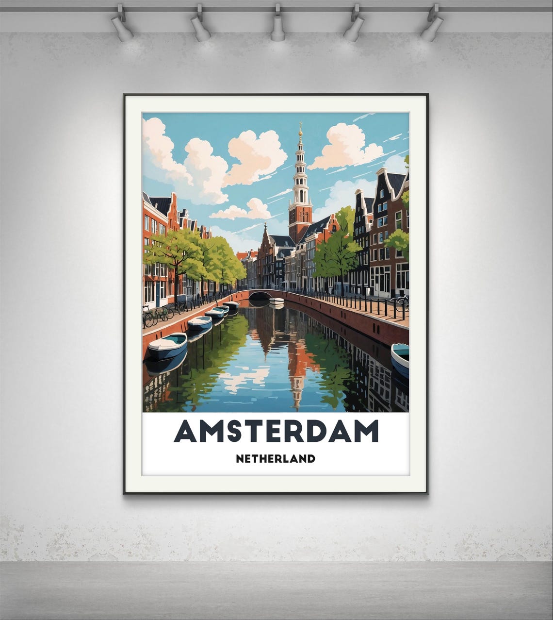 Amsterdam Netherlands Canal With Church Tower And Boats Travel Poster