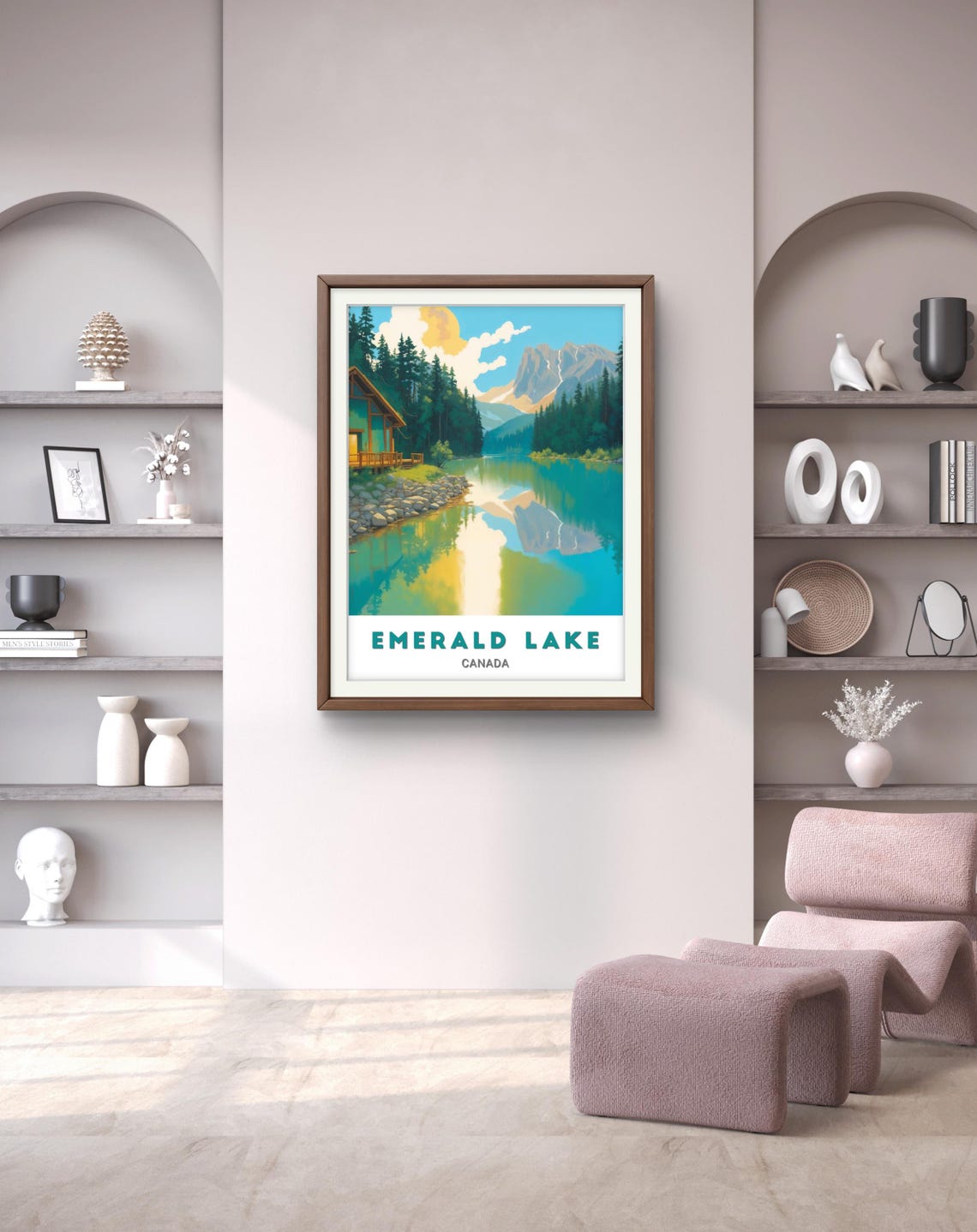Emerald Lake Canada Lakeside Cabin Mirror Reflection Vintage Poster - Image 2