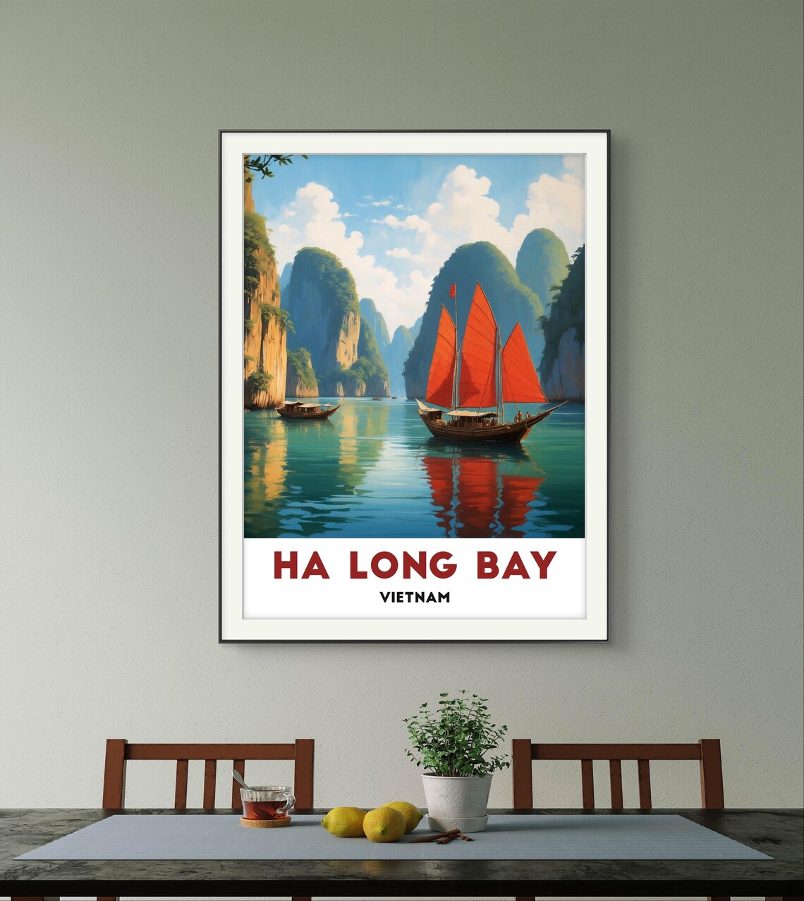 Ha Long Bay Vietnam Red Sail Junk Boat Classic Travel Art Poster - Image 2