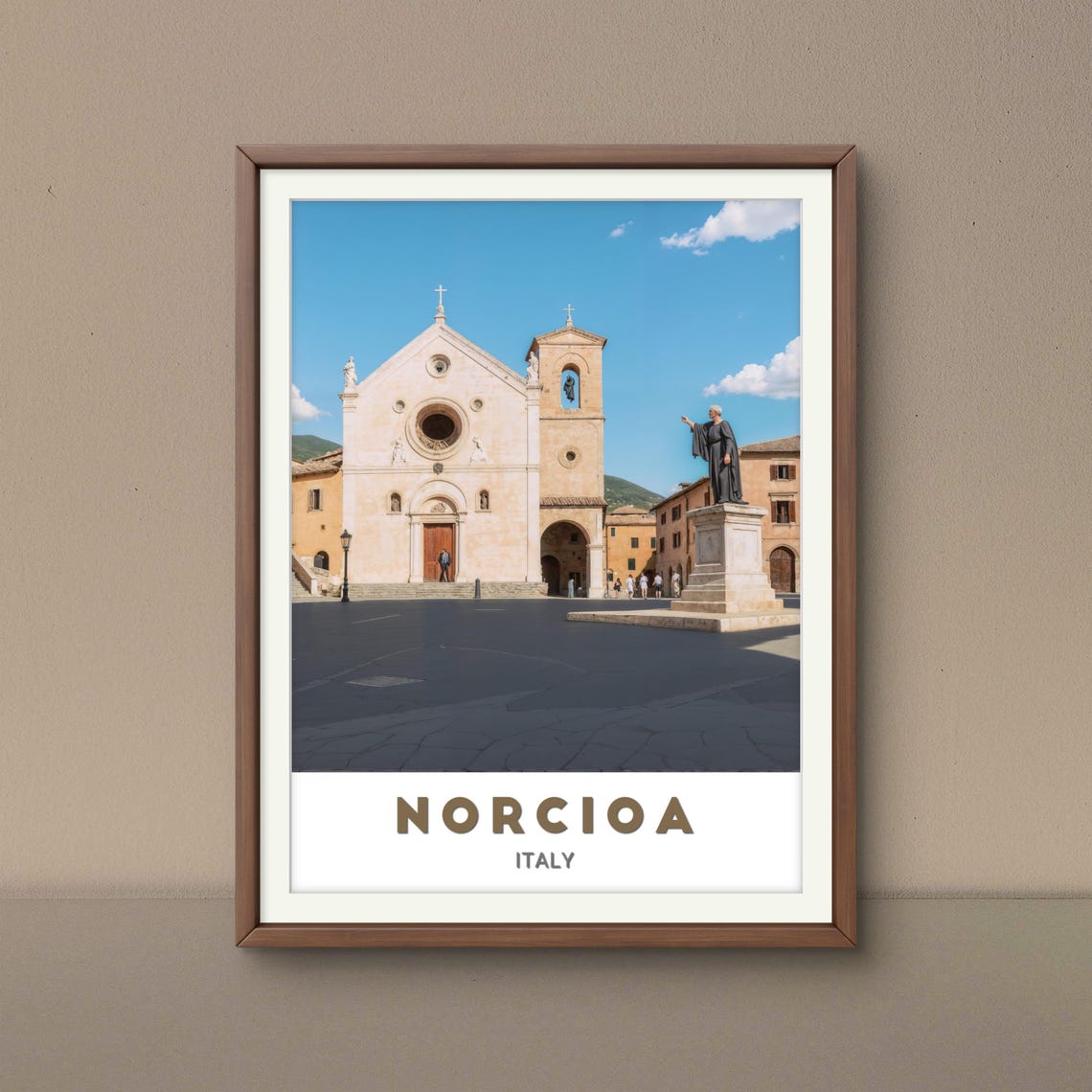 Norcioa Italy Historic Church Facade Bell Tower Statue Art Poster - Image 2