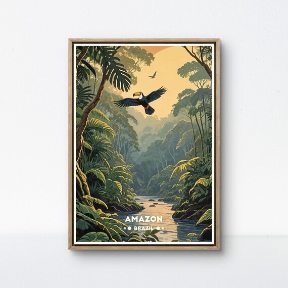 Amazon Brazil Toucan in Flight Over River Jungle Travel Poster