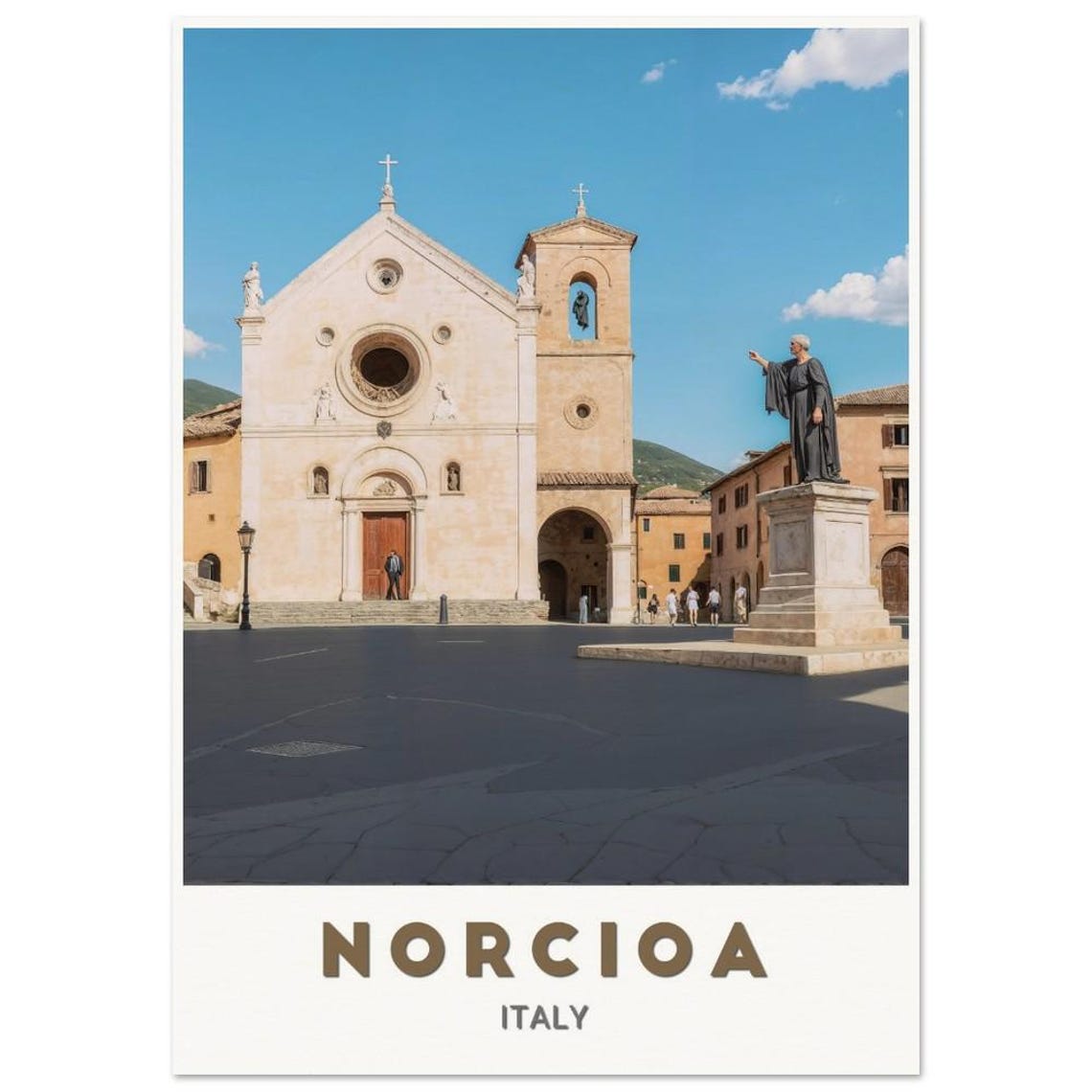 Norcioa Italy Historic Church Facade Bell Tower Statue Art Poster