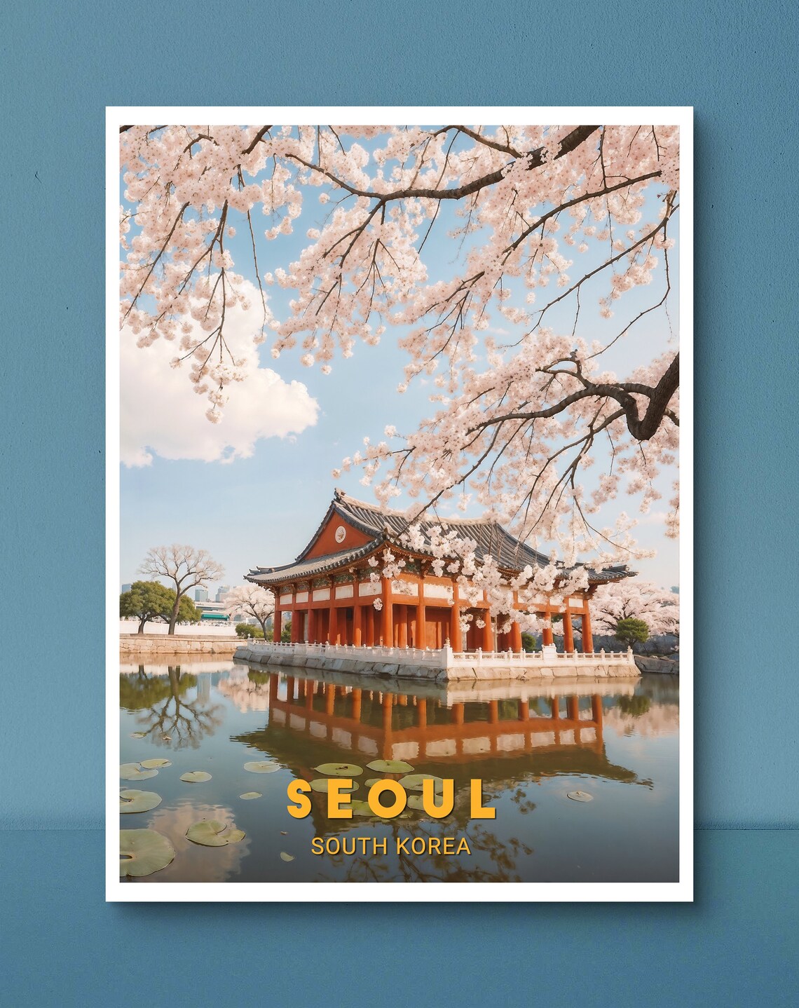 Seoul South Korea Spring Cherry Blossom Palace Pond Travel Poster