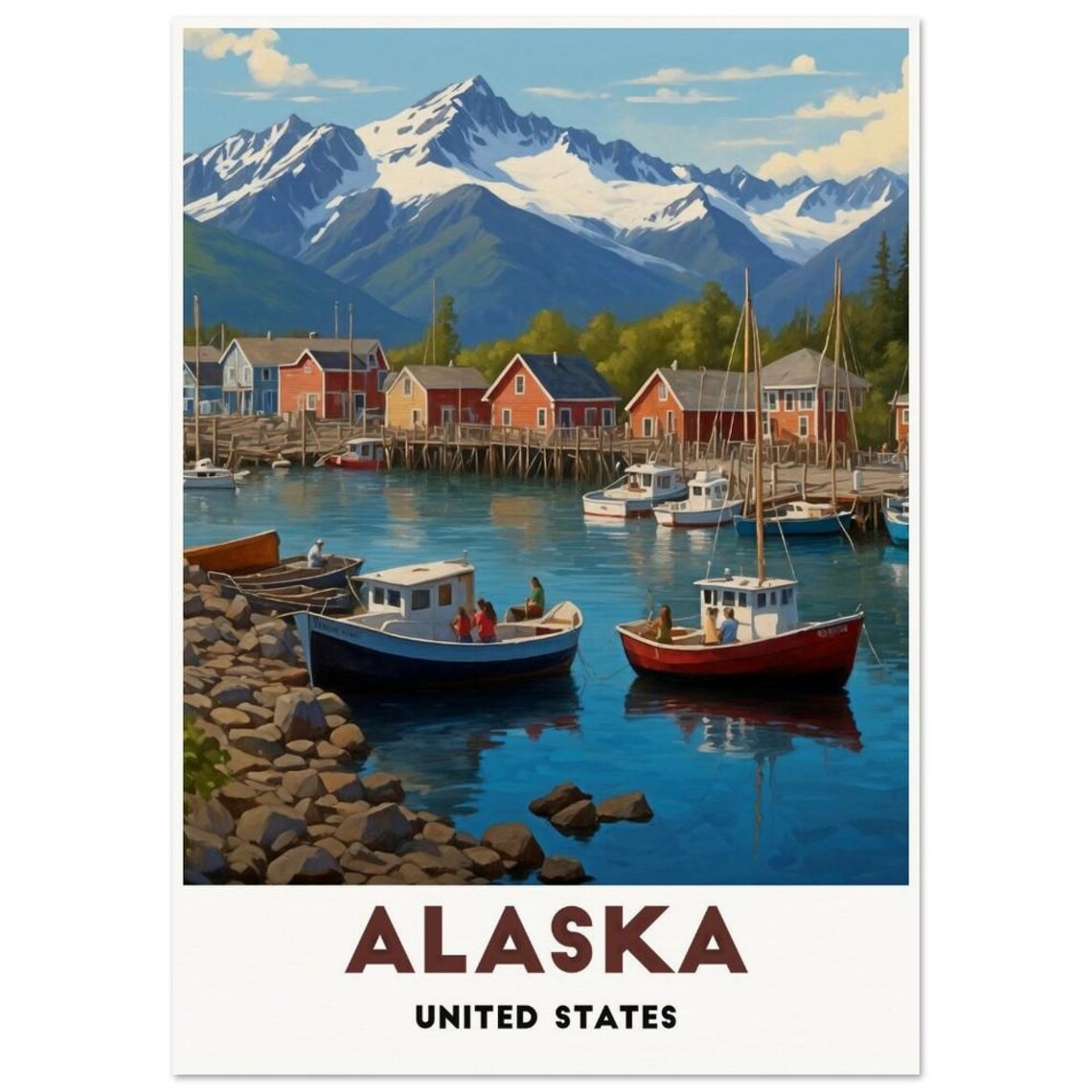 Alaska Fishing Village Harbor Boats Mountain Illustration Poster - Image 3