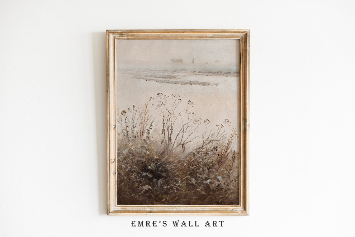 Misty Wildflower Meadow Oil Painting Soft Neutral Landscape Poster - Image 2