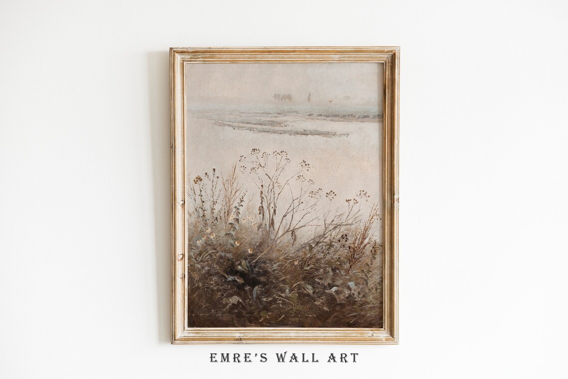Wildflower Landscape Oil Painting Print Botanical Landscape Wall Decor Vintage Country Print River Scenery Painting Rustic Oil Painting - Image 2