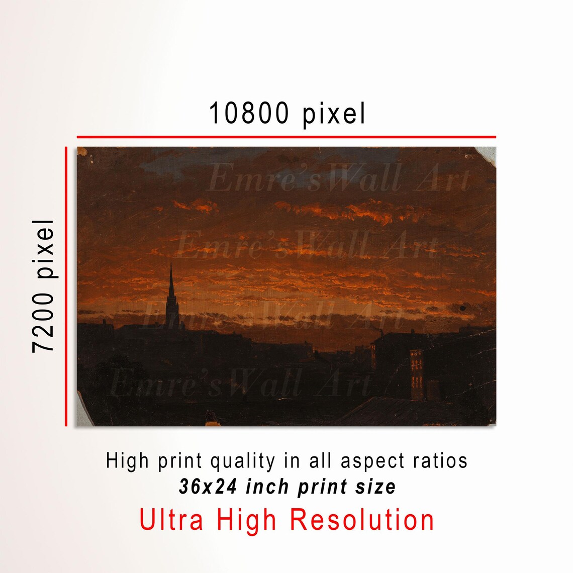 Dark City Skyline Fiery Sunset Vintage Church Steeple Evening Painting Print - Image 3
