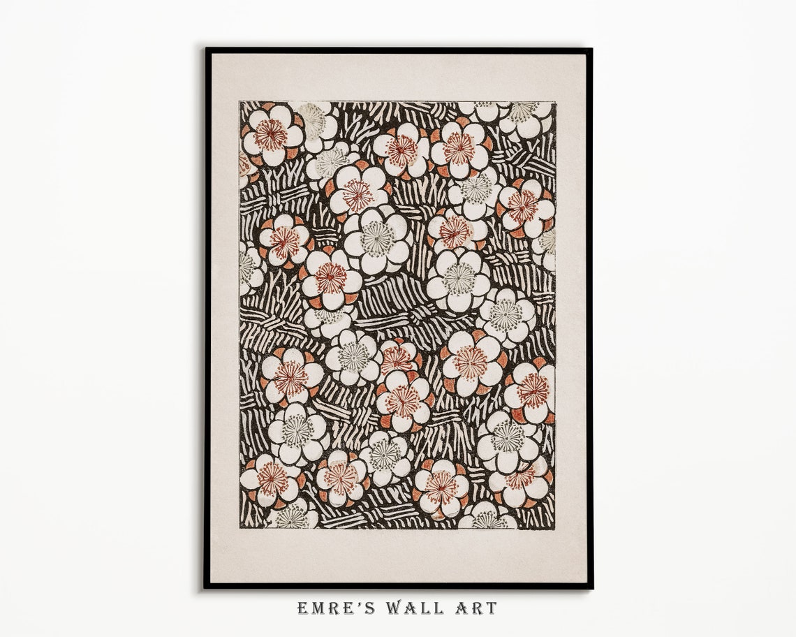 Japanese Crane with Red Sun and Cherry Blossom Pattern Art Set Poster - Image 4