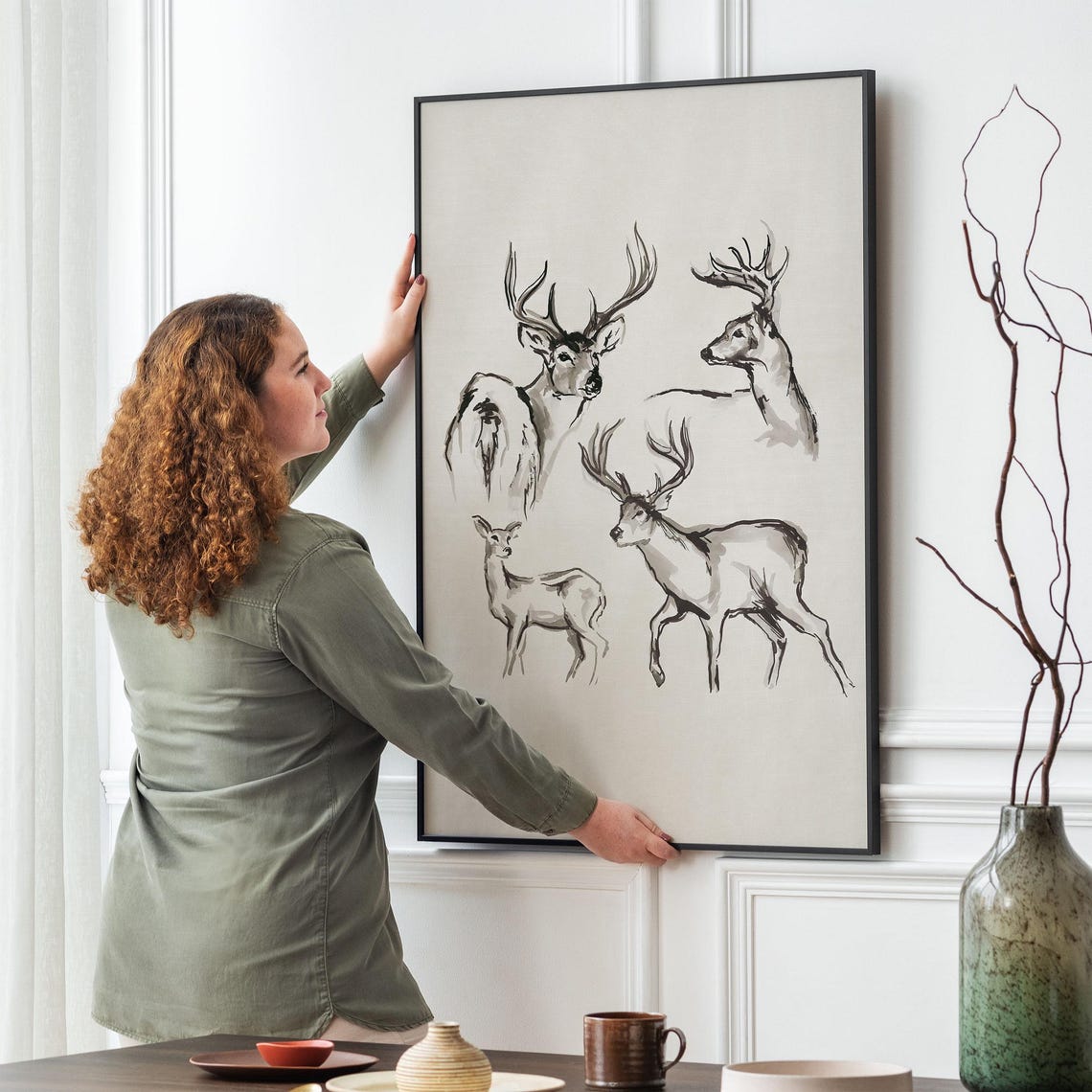 Deer Studies Ink Wash Stag and Doe Sketch Wildlife Fine Poster - Image 2