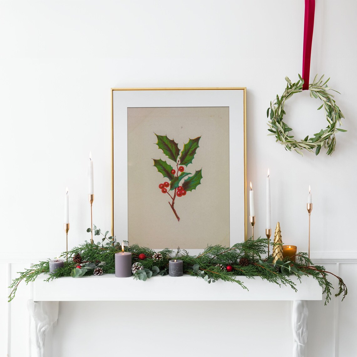 Holly Branch with Red Berries Vintage Christmas Botanical Poster - Image 2