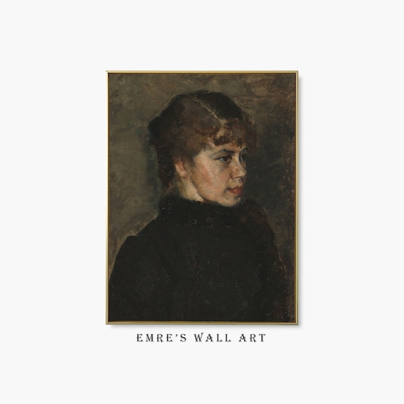 Moody Portrait of Young Woman with Brown Hair Vintage Oil Art Poster