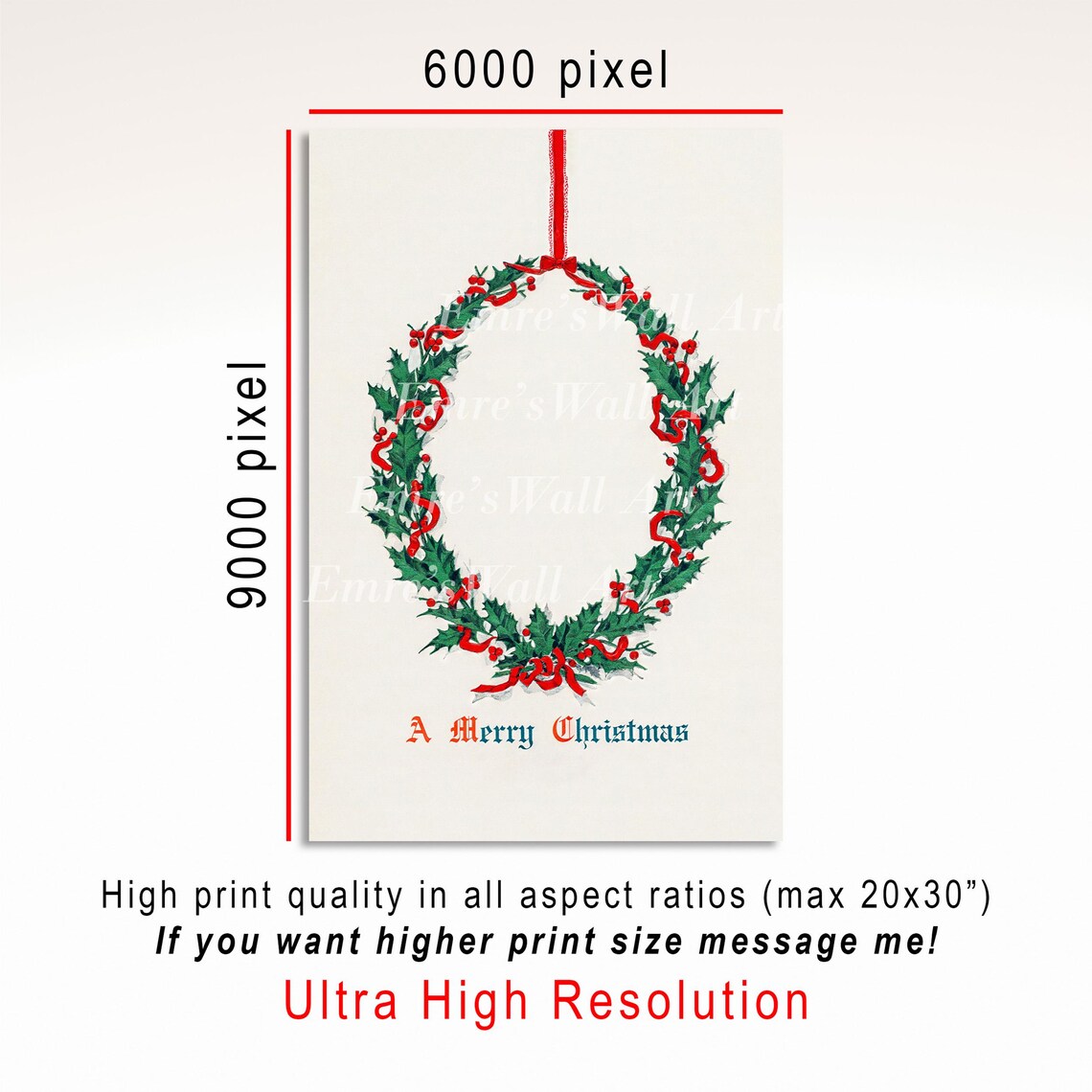 A Merry Christmas Holly Wreath Red Ribbon Vintage Holiday Wall Art - Image 3