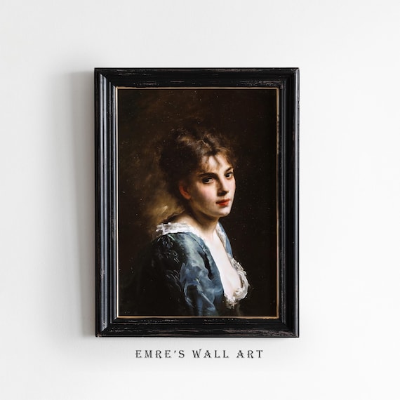 Classic Oil Portrait Young Woman Blue Dress Dark Academia Poster