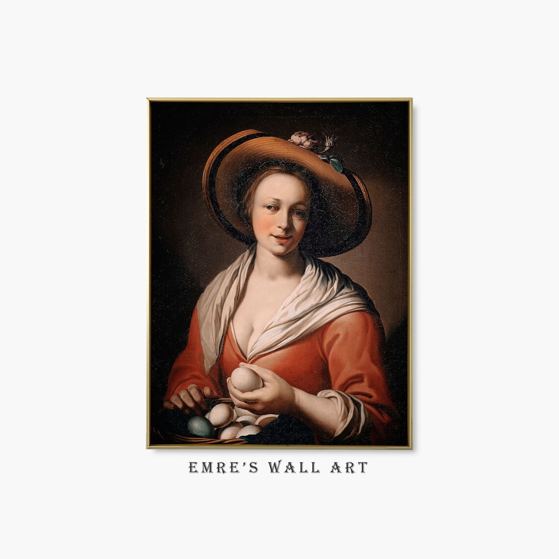 Woman Holding Eggs Wide Brim Hat Vintage Portrait Oil Painting Poster