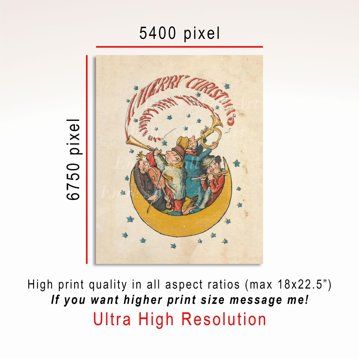 A Merry Christmas Crescent Moon Musicians Vintage Holiday Card Poster - Image 3