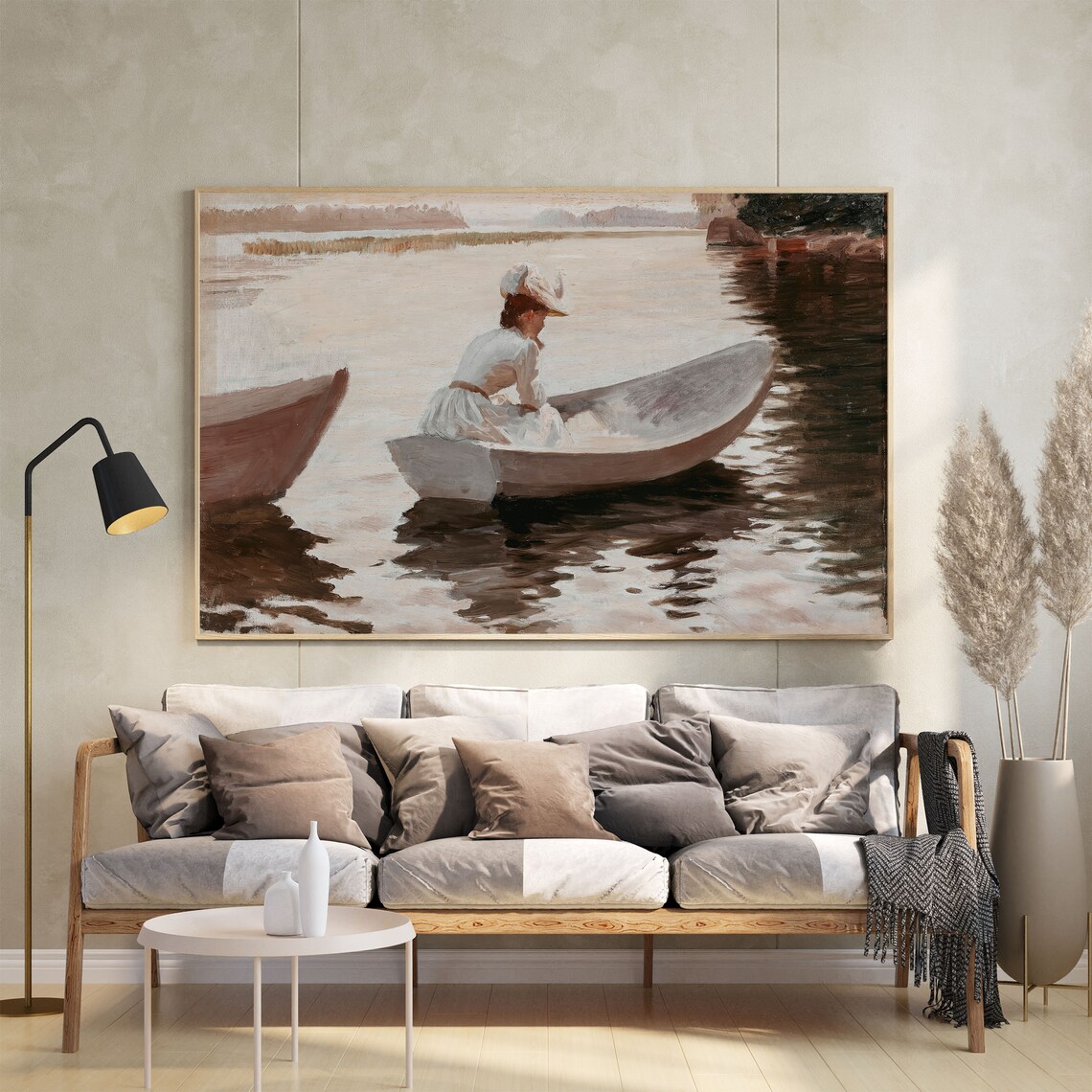 Woman in White Dress in Rowboat on Calm Lake Vintage Painting Poster - Image 2