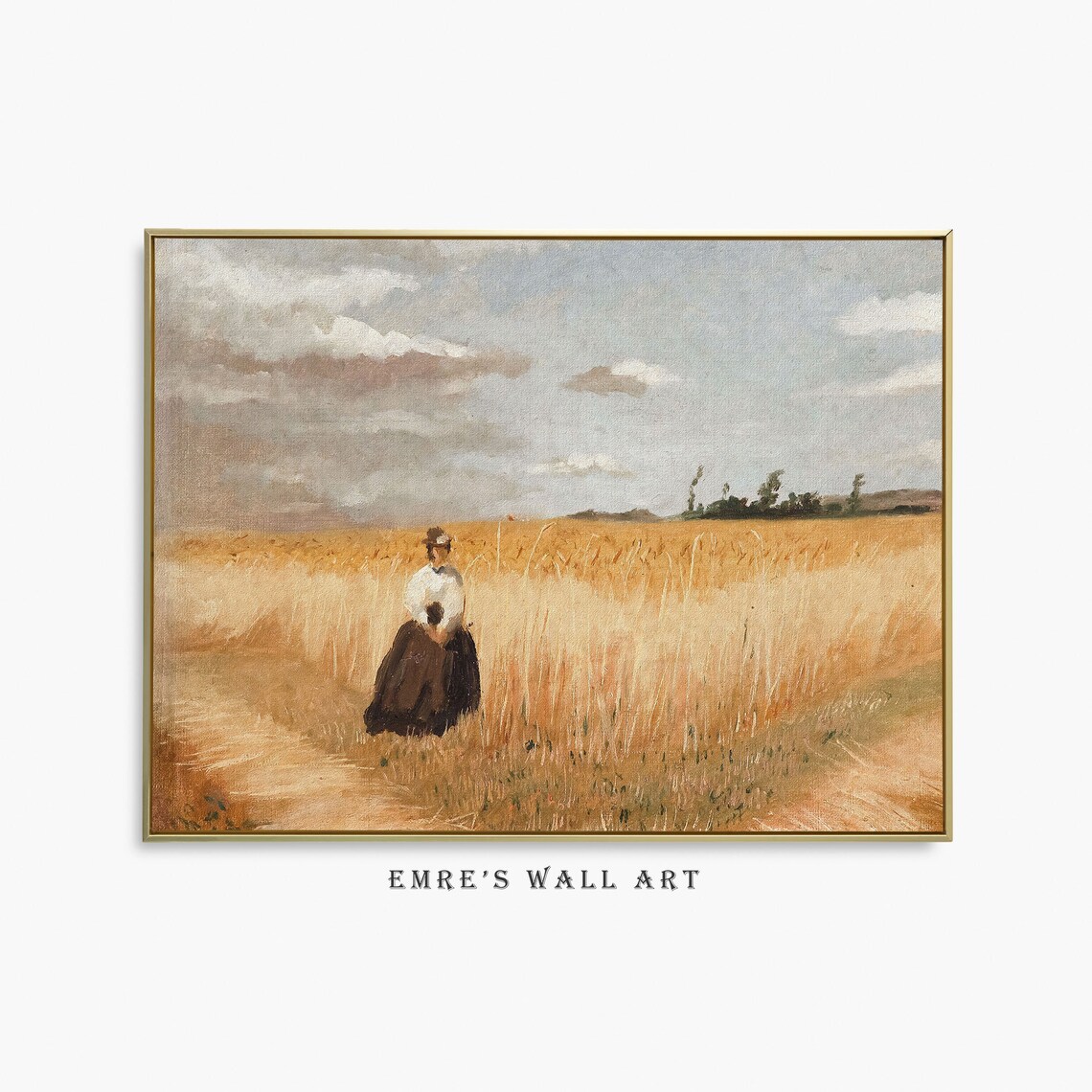 Woman Standing Golden Wheat Field Vintage Harvest Scene Poster