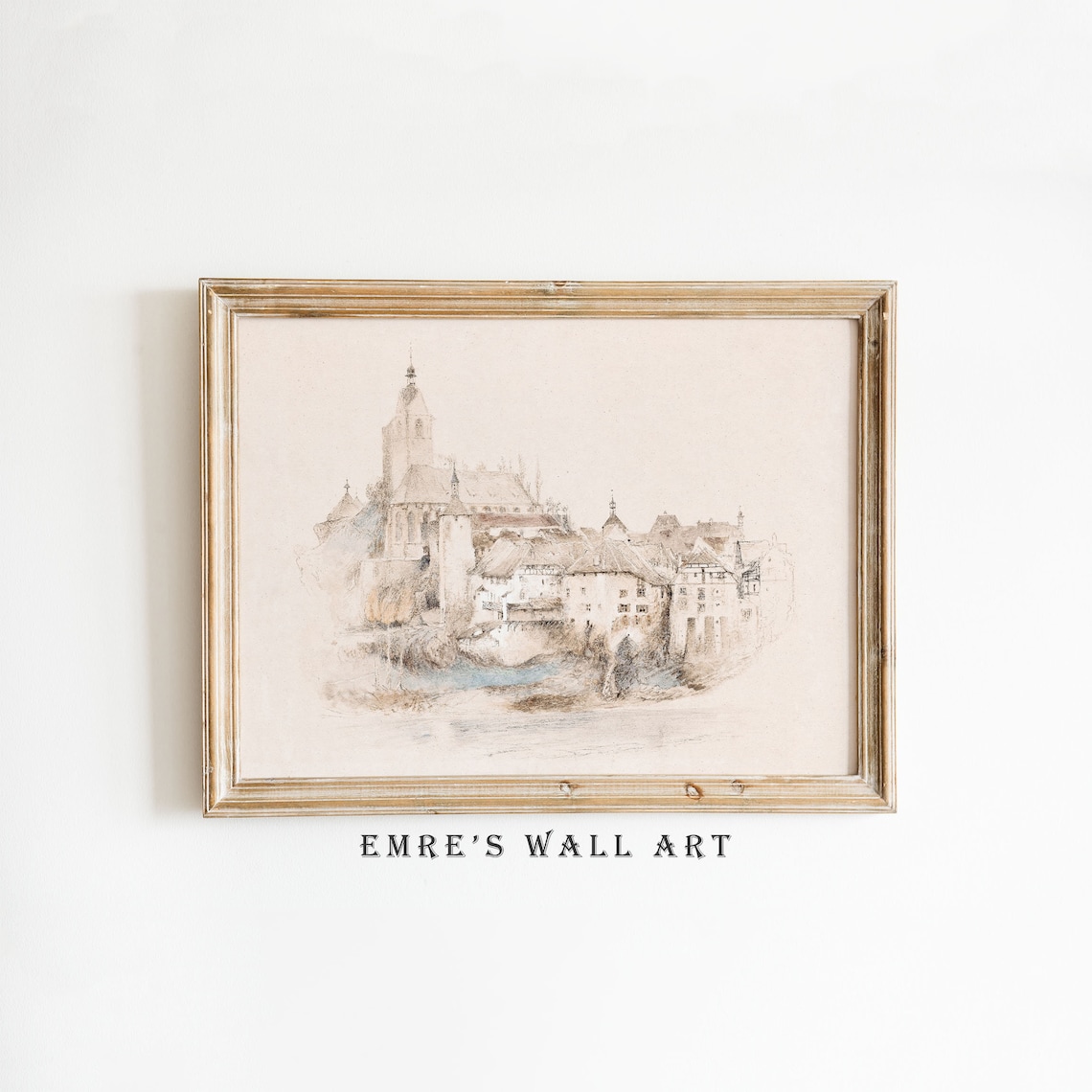 Neutral Cityscape Sketch Art Vintage Village Poster