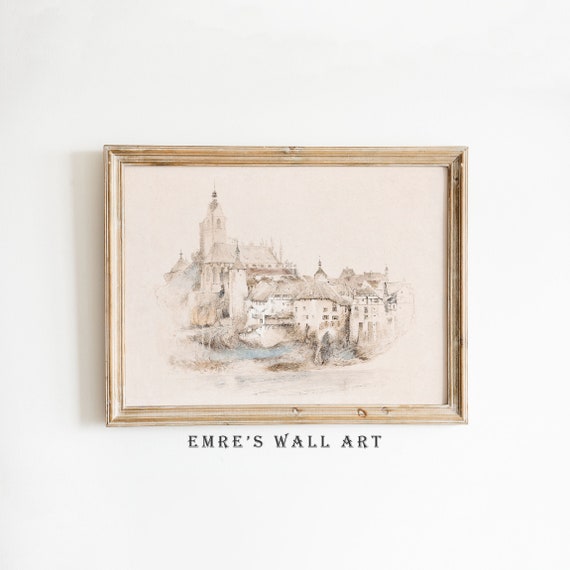 Neutral Cityscape Sketch Art Vintage Village Poster