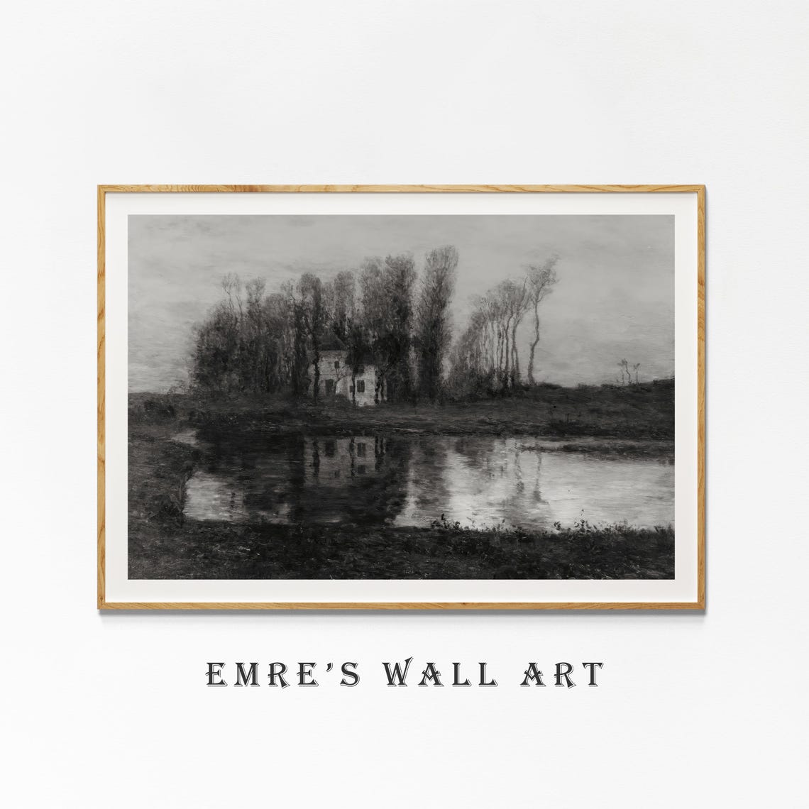 Old House by the River with Reflection Moody Black White Poster - Image 2
