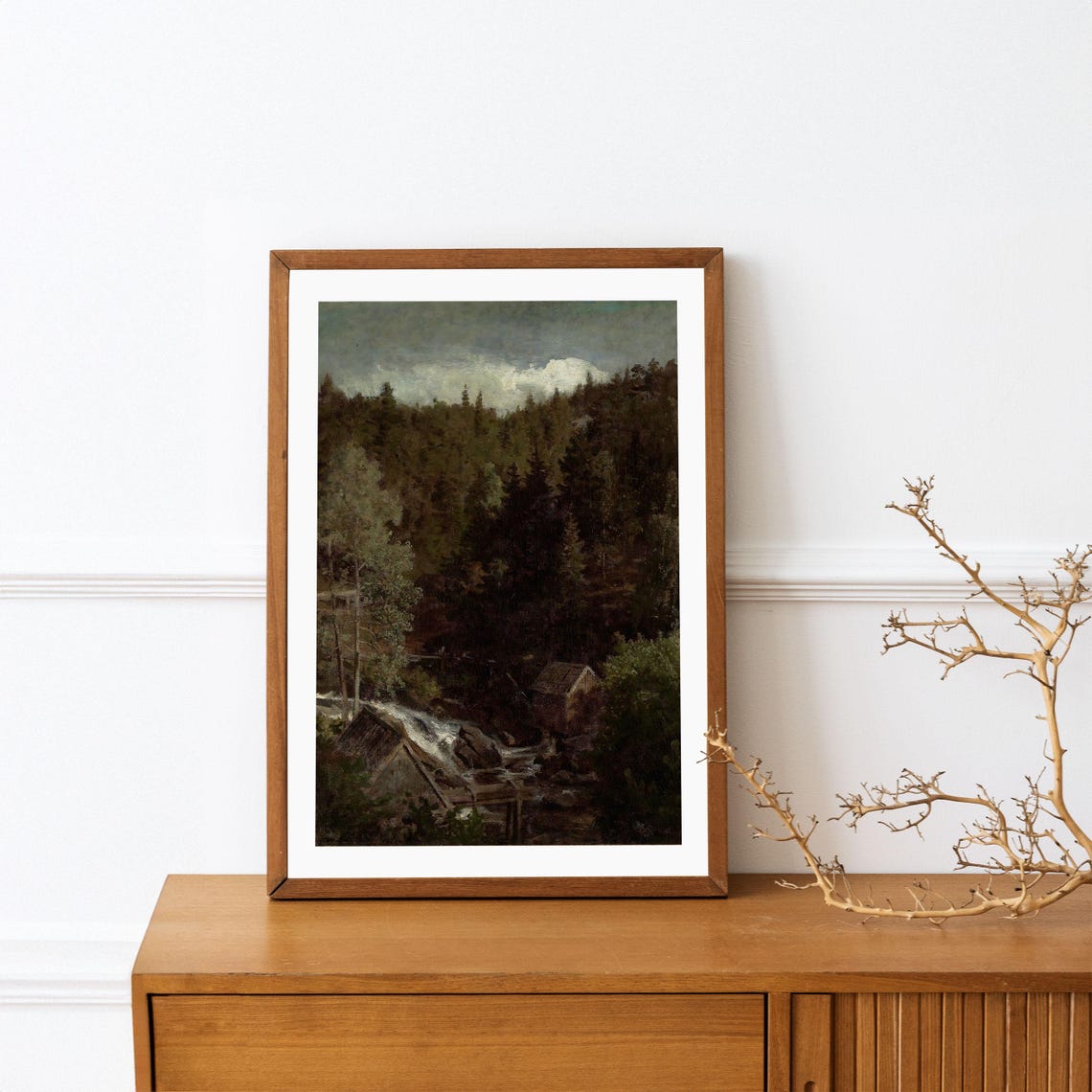 Dark Pine Forest Waterfall and Old Mill Moody Painting Poster - Image 4